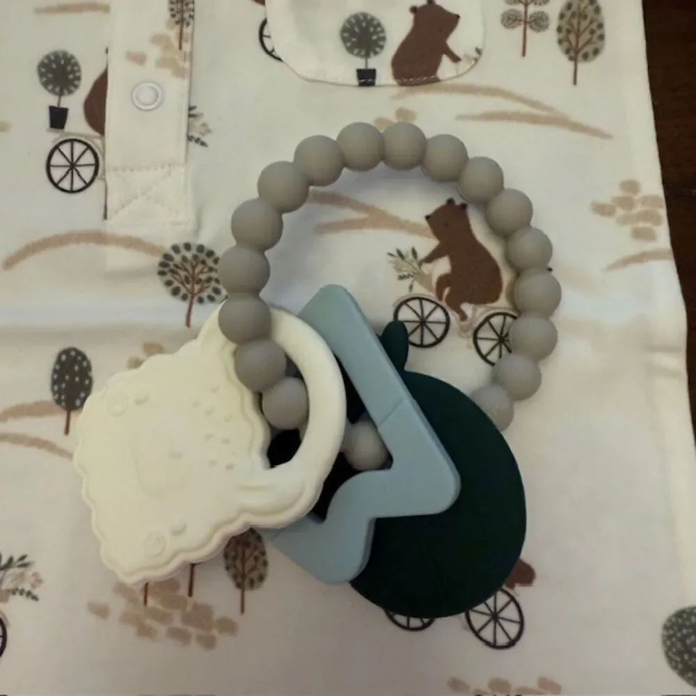 NWOT Loulou Lollipop Set Bears on Bike Short Romper Teething Ring Size‎ 12-18 Mo
